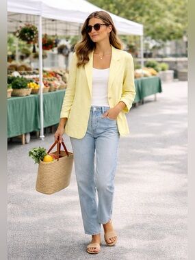 J. Jill Love Linen Blazer Jacket Women's Size XL Light Yellow Single Button